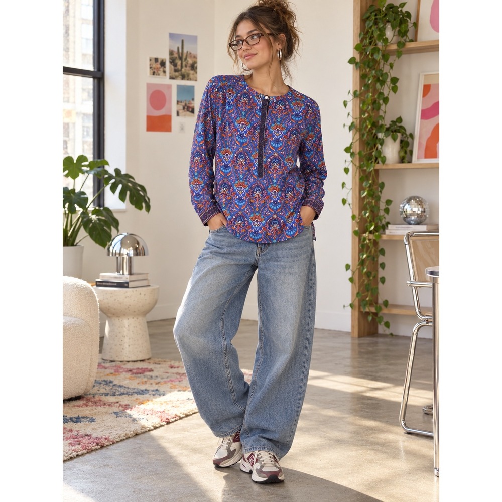 LOFT The Softened Shirt Blue Paisley Floral Henley Blouse Petite Small PS